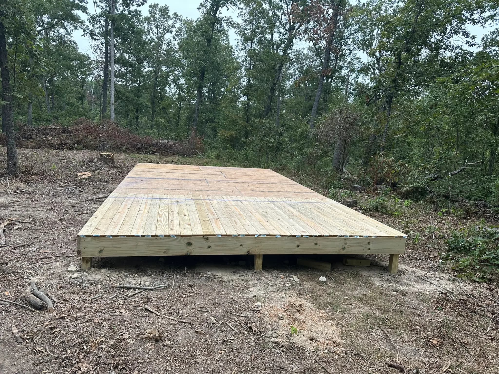 Pressure-treated platform deck framed in a wooded yard