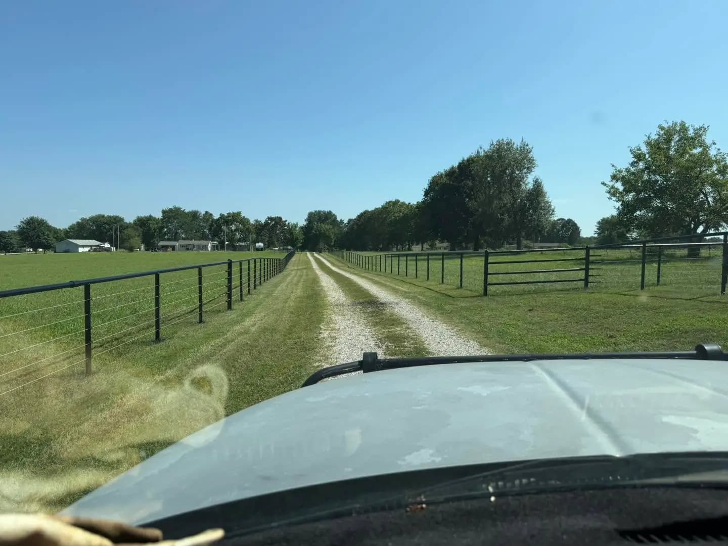 View from a truck driving through continuous pasture fencing