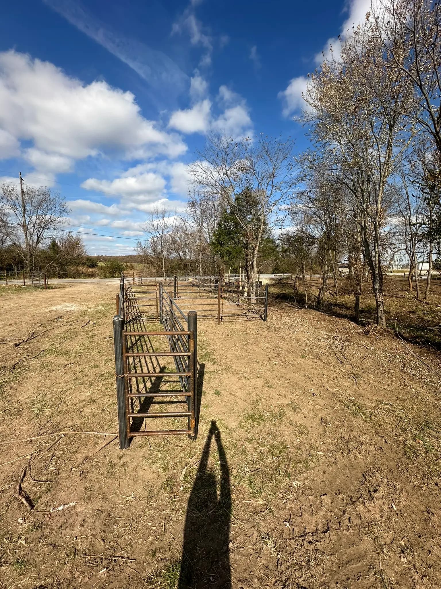 Steel gate centered in a pipe fence corridor