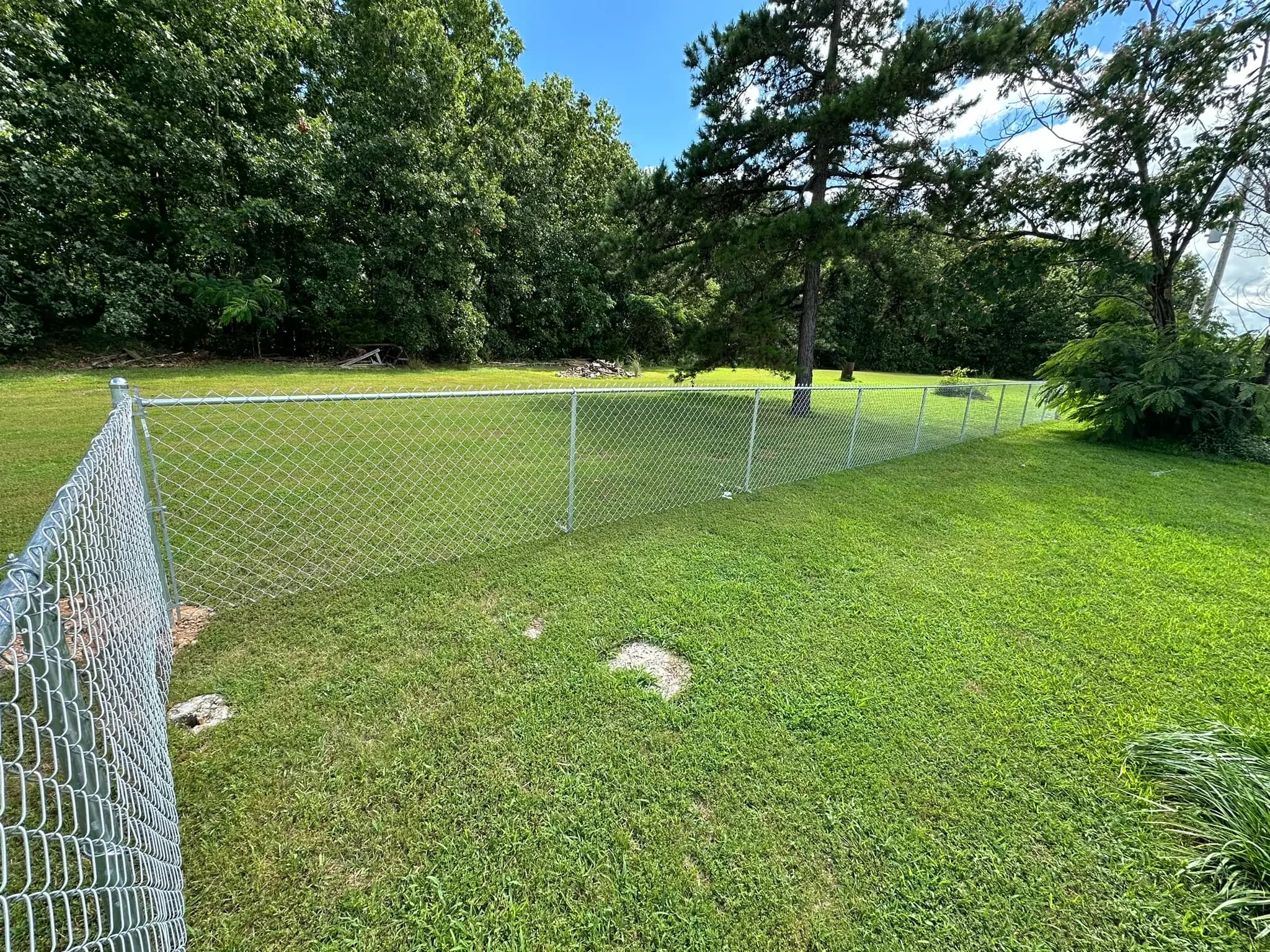 Silver chain link fence enclosing a lawn