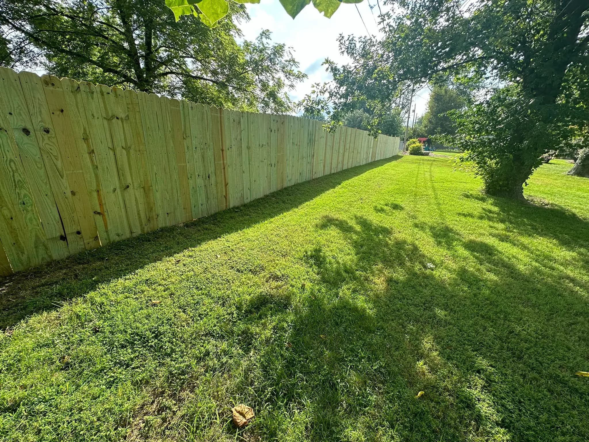 Tall wood privacy fence running along a grassy side yard