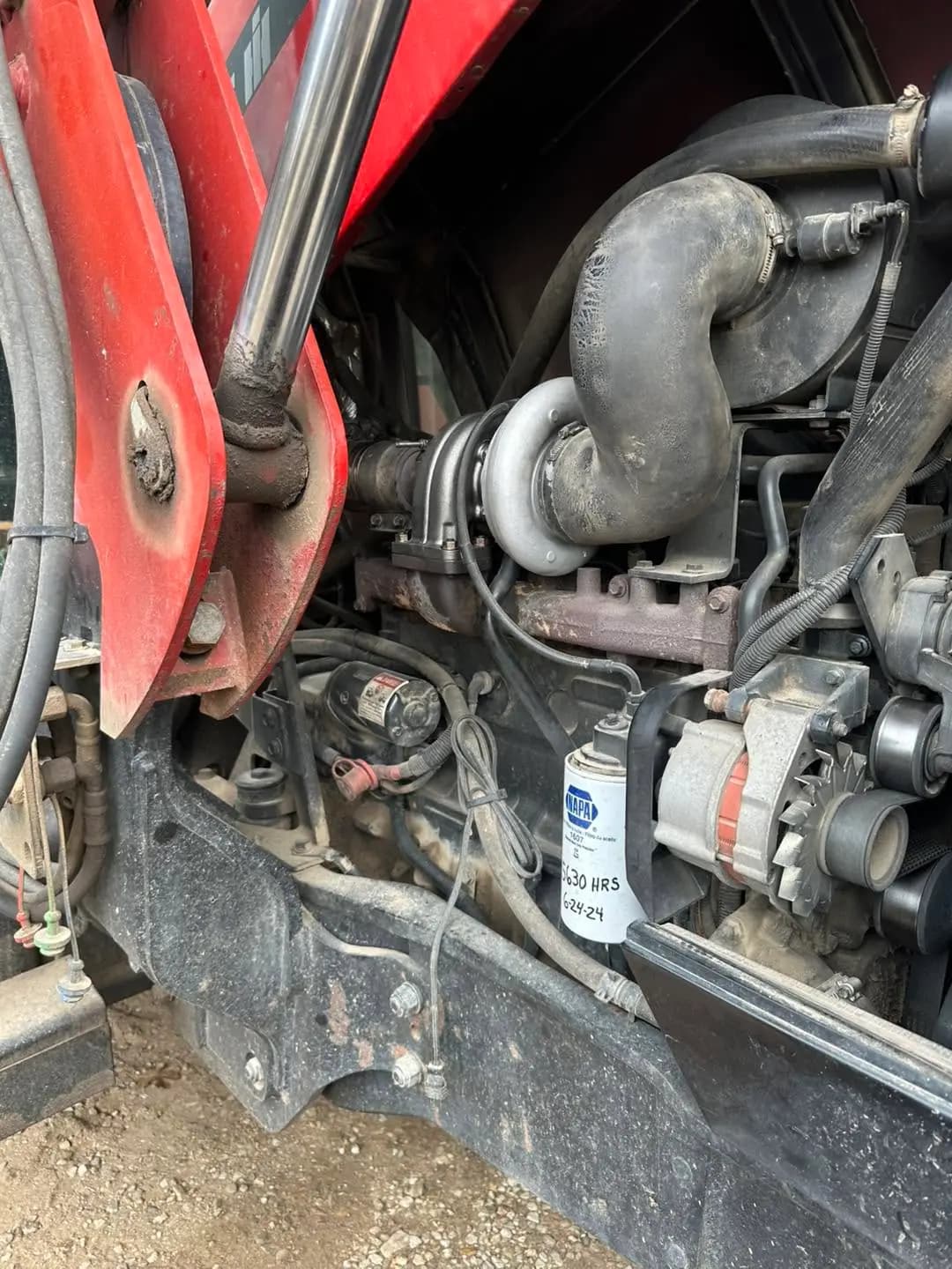 Semi truck engine bay during turbo and equipment repair