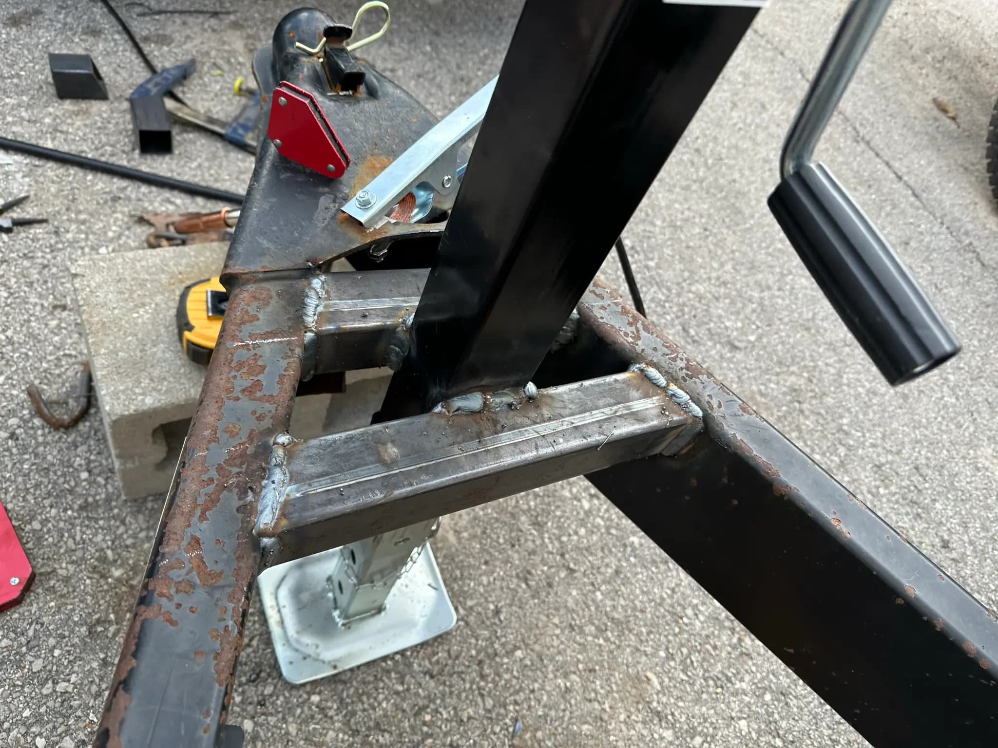 Fresh welded trailer jack bracket and metal support